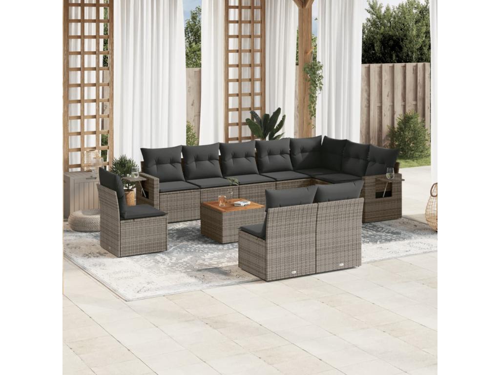 11-piece garden furniture set with grey resin wicker cushions LZUR07744