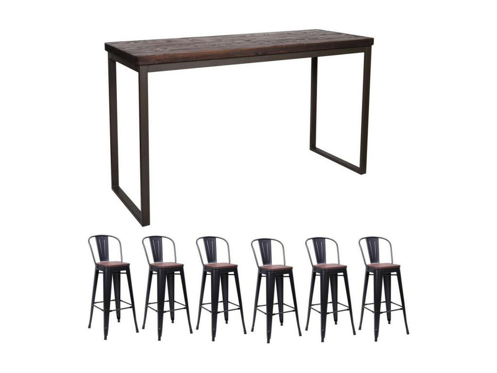 Artigeo - Table and high chairs in solid dark elm and grey steel SQND59025