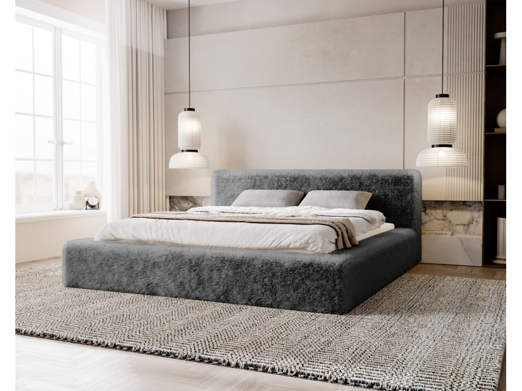 Luxameub Alros Upholstered Bed with Storage - 180x200cm Bed, Faux Fur Fabric, Adult Bed, Dark Grey PINPAI 16 ZBTY85674