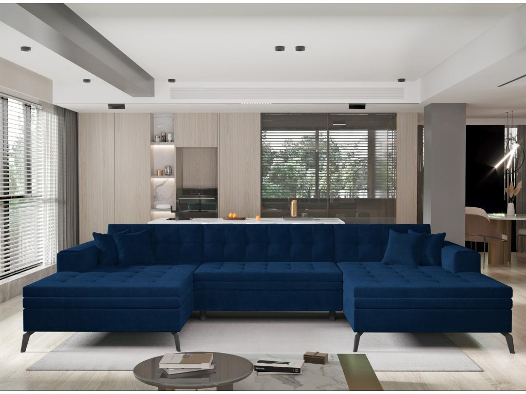 Luxameub 350cm OFCT47450 panoramic convertible sofa in midnight blue tufted velvet
