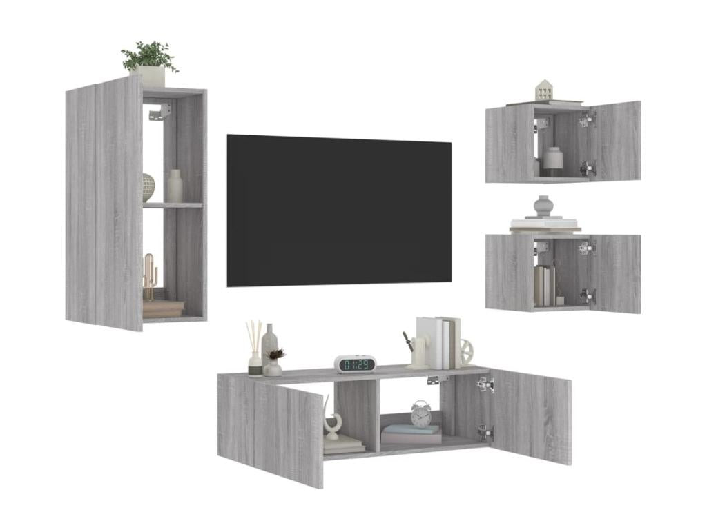 4-piece wall-mounted TV unit with Luxameubères LED lighting, grey, IDXH78450