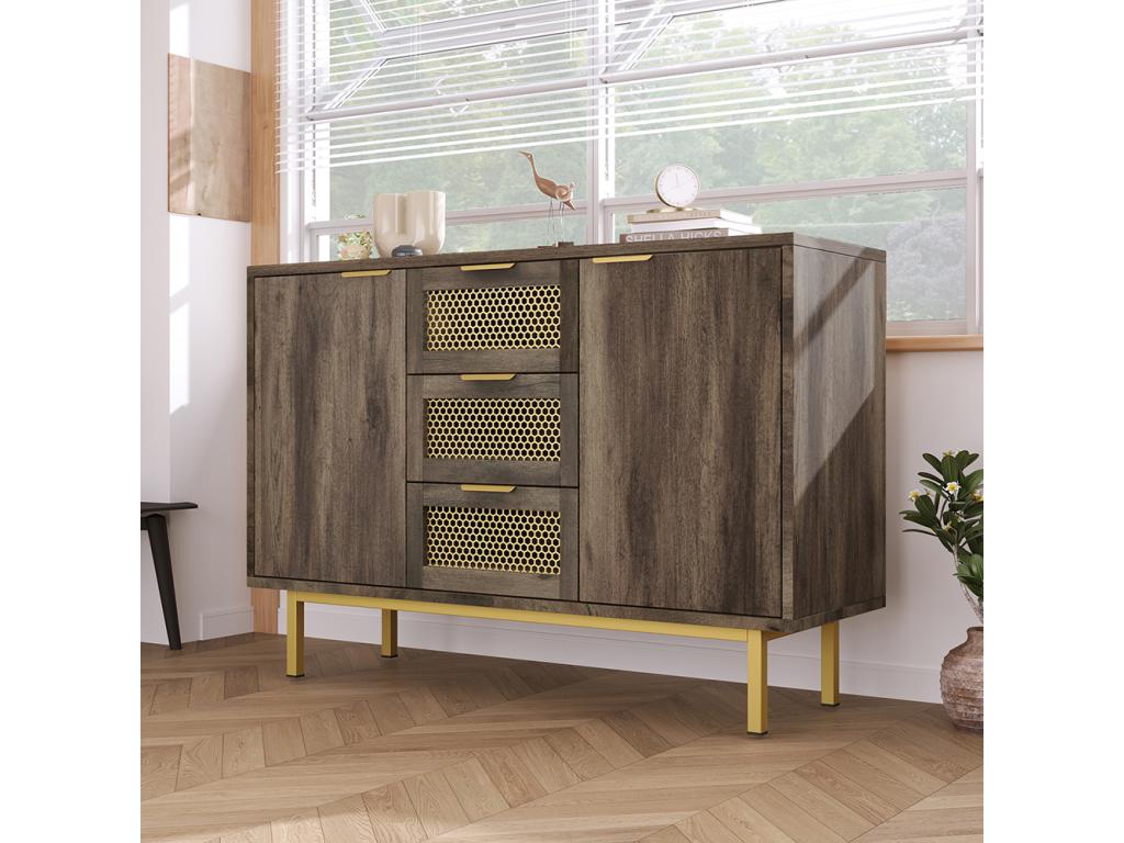 Chest of drawers with 3 drawers and 2 doors, Luxameub dark brown, metal handles, versatile cabinet for entryway or bedroom, YDOD41182