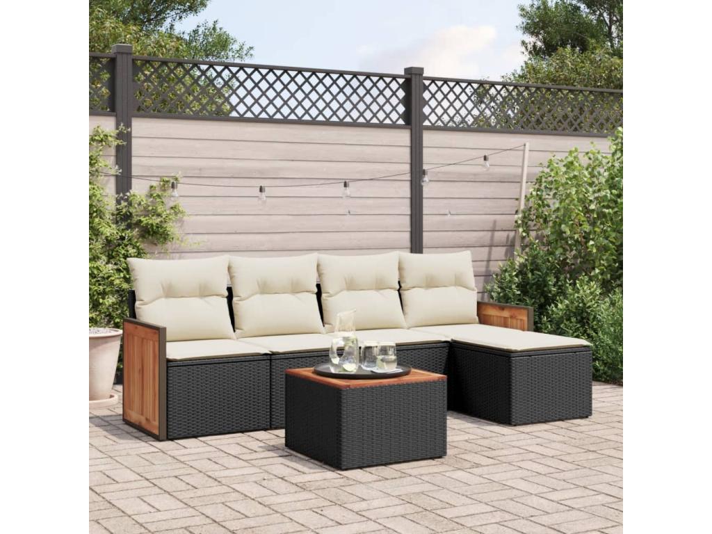 6-piece garden furniture set with cushions, black woven resin FMCZ24241