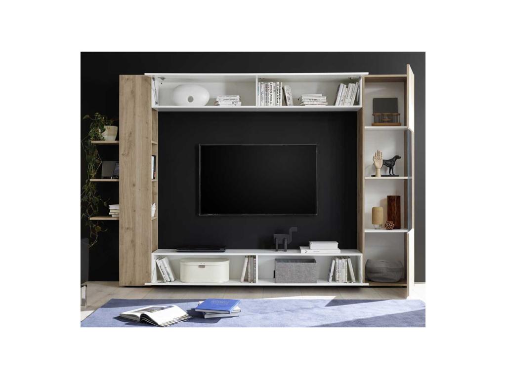 3-Door TV Unit in Glossy White/Natural Oak - Luxameub EEBQ27834