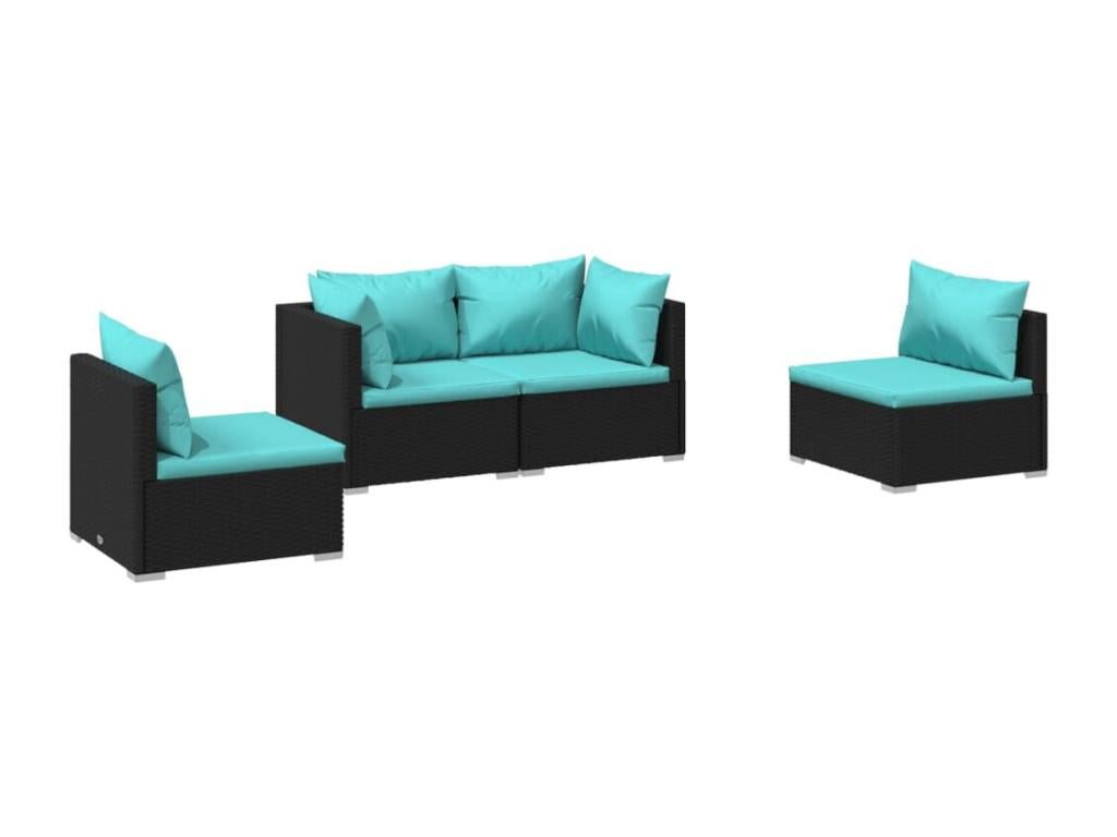 4-piece garden furniture set with cushions, black woven resin, TQEB23950