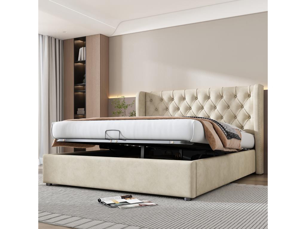 140x190 cm storage bed with headboard - velvet - wing shape - slatted base by Luxameub - beige OHTM62302