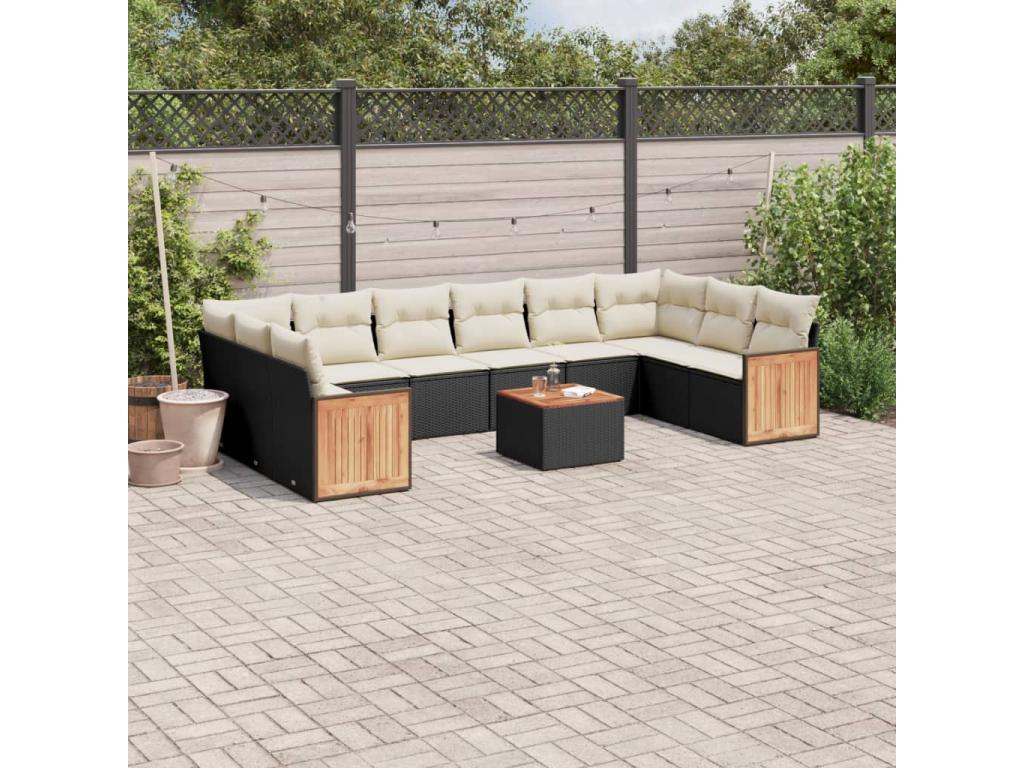 11-piece garden furniture set with cushions, black woven resin BFSZ70669