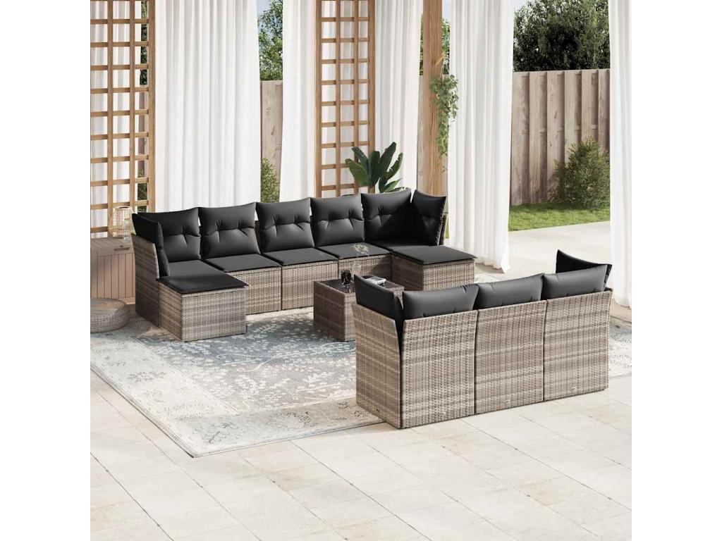11-piece garden furniture set with light grey cushions, woven resin LXWK96030