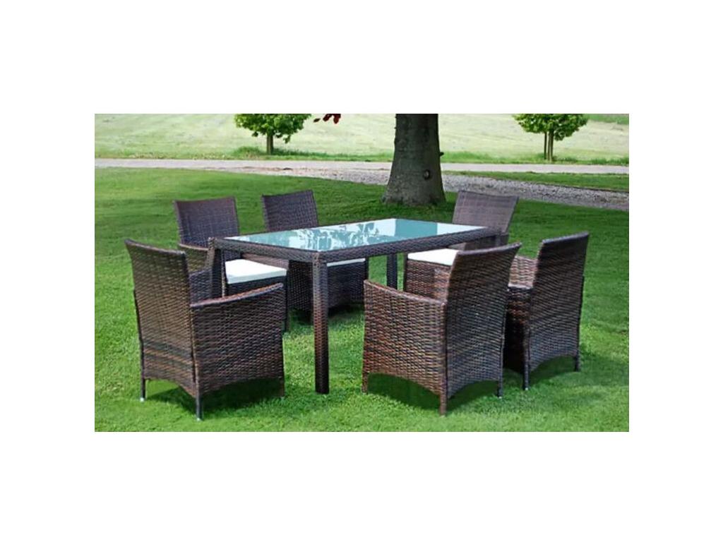 Rectangular table and 6 brown resin wicker garden chairs Luxameub THNK64237