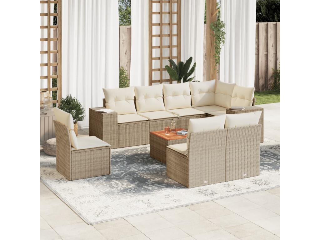 9-piece garden furniture set with cushions, beige wicker resin HIAI93901