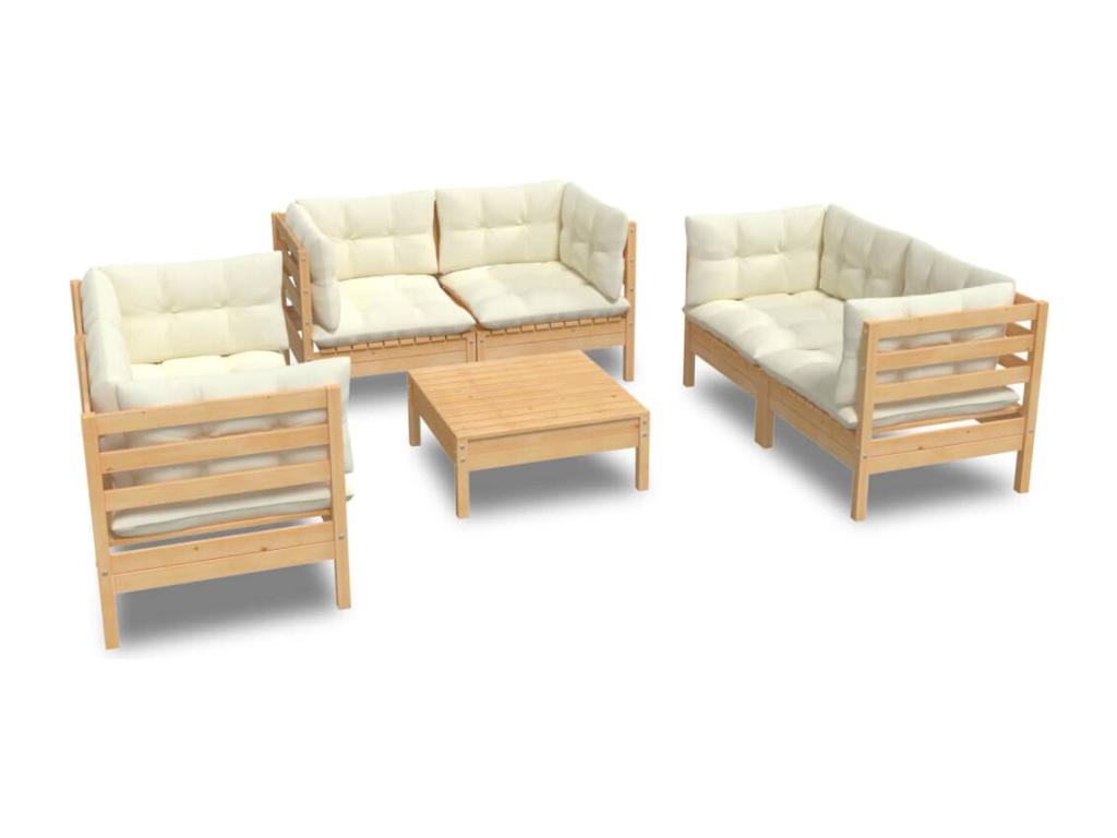 7-piece garden furniture set with cream cushions, solid pine wood JFOW95789
