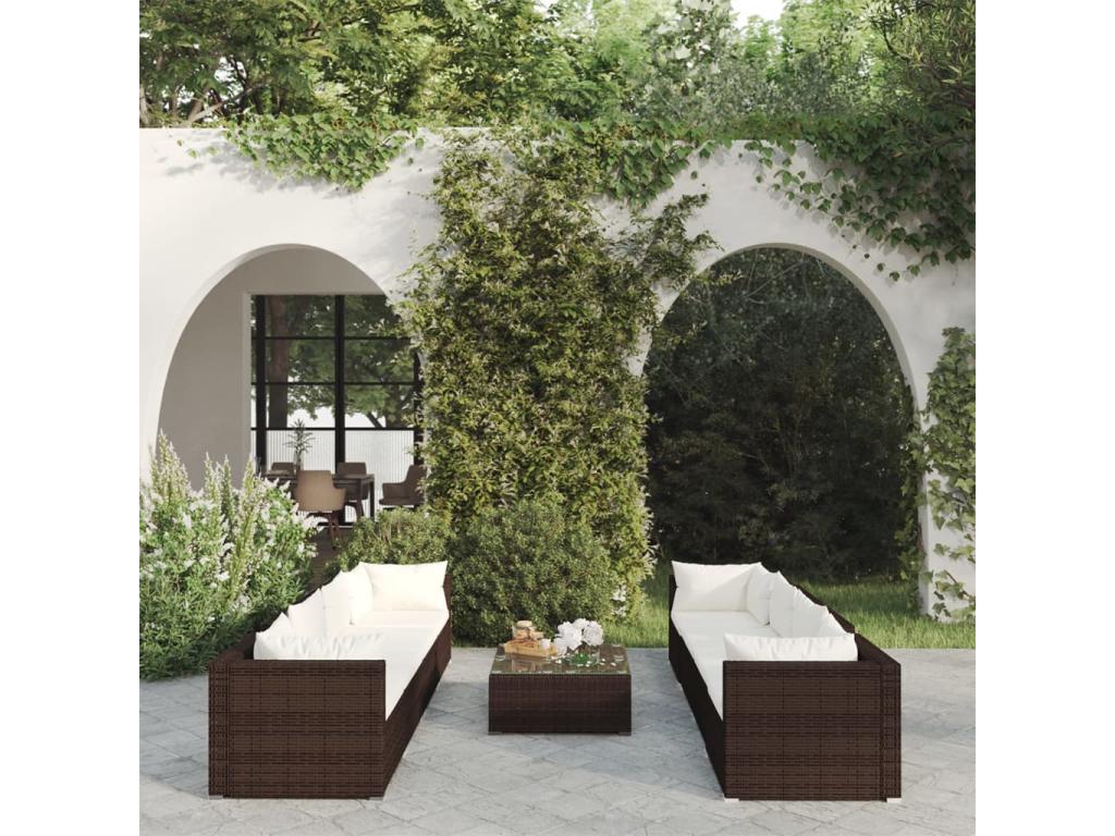 9-piece garden furniture set with cushions, brown wicker resin RYOE93722