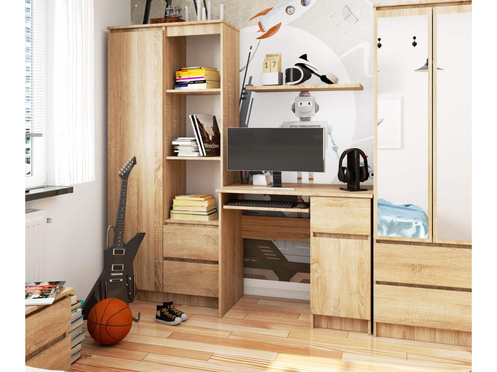 Cosymeub PIKSEL Right-Hand Computer Desk, Oak Finish, 90 cm, 1 Door, 1 Drawer, Oak Front, 3 Shelves, 90x50x77 cm, ZPCT75856