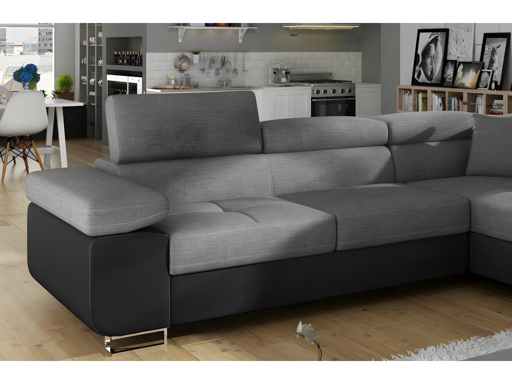Luxury fabric and faux leather 5-seater corner sofa bed with storage, grey/black, right-hand corner, front view, Cosymeub MIX HGRC50459