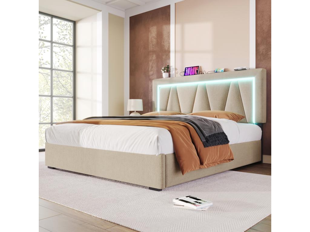 160x200 cm storage bed for adults - USB Type C, LEDs - linen fabric - beige - Mattress VOFO00993
