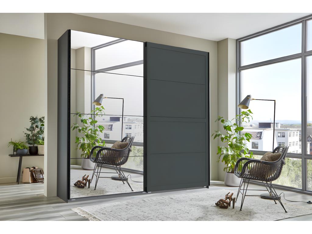 Wardrobe with sliding doors and 1 mirror, graphite color - W- 225 x H- 208 x D- 65 cm VPSD84995