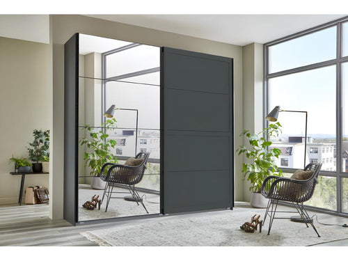 Wardrobe with sliding doors and 1 mirror, graphite color - W- 225 x H- 208 x D- 65 cm VPSD84995
