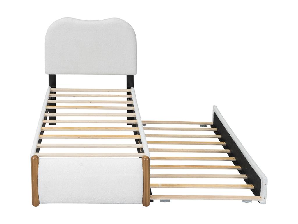 Children's bed, single bed 90x200 cm, upholstered bed with practical pull-out bed, white fabric SWXD56654