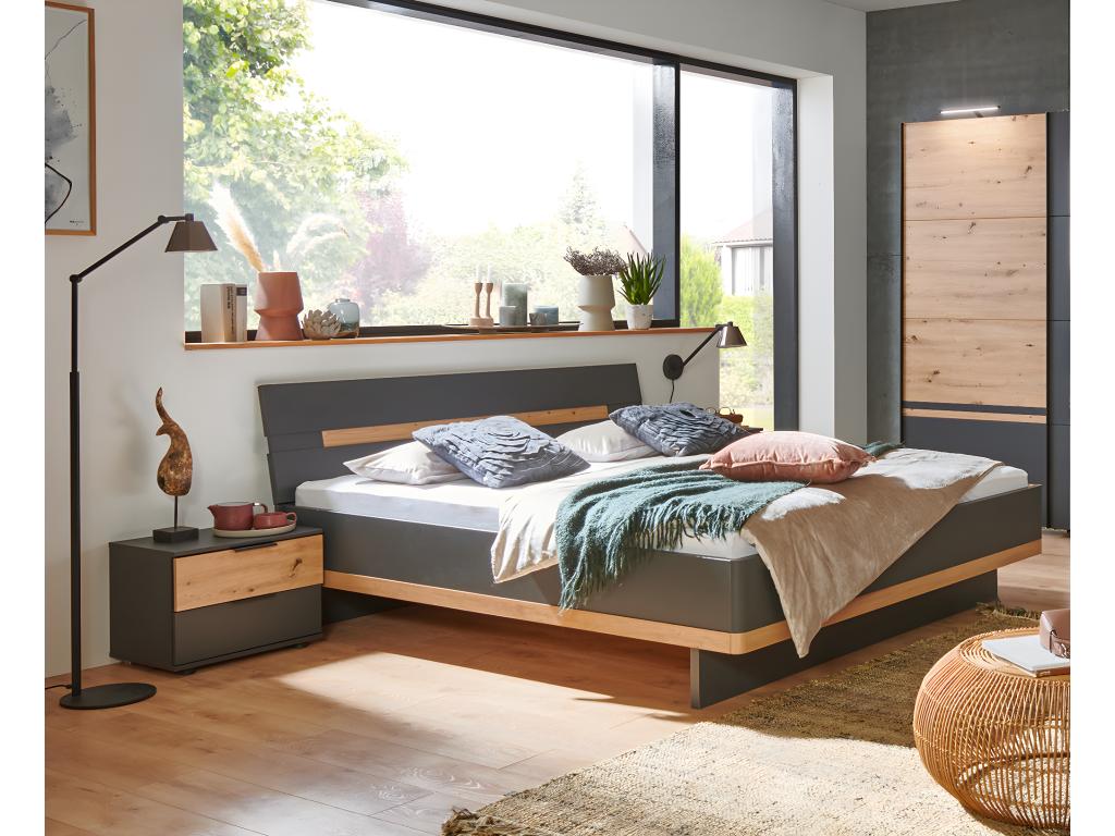 Cosymeub Size 160x200 cm double adult bed with 2 bedside tables in graphite/oak effect, Cosymeub GXWL58640