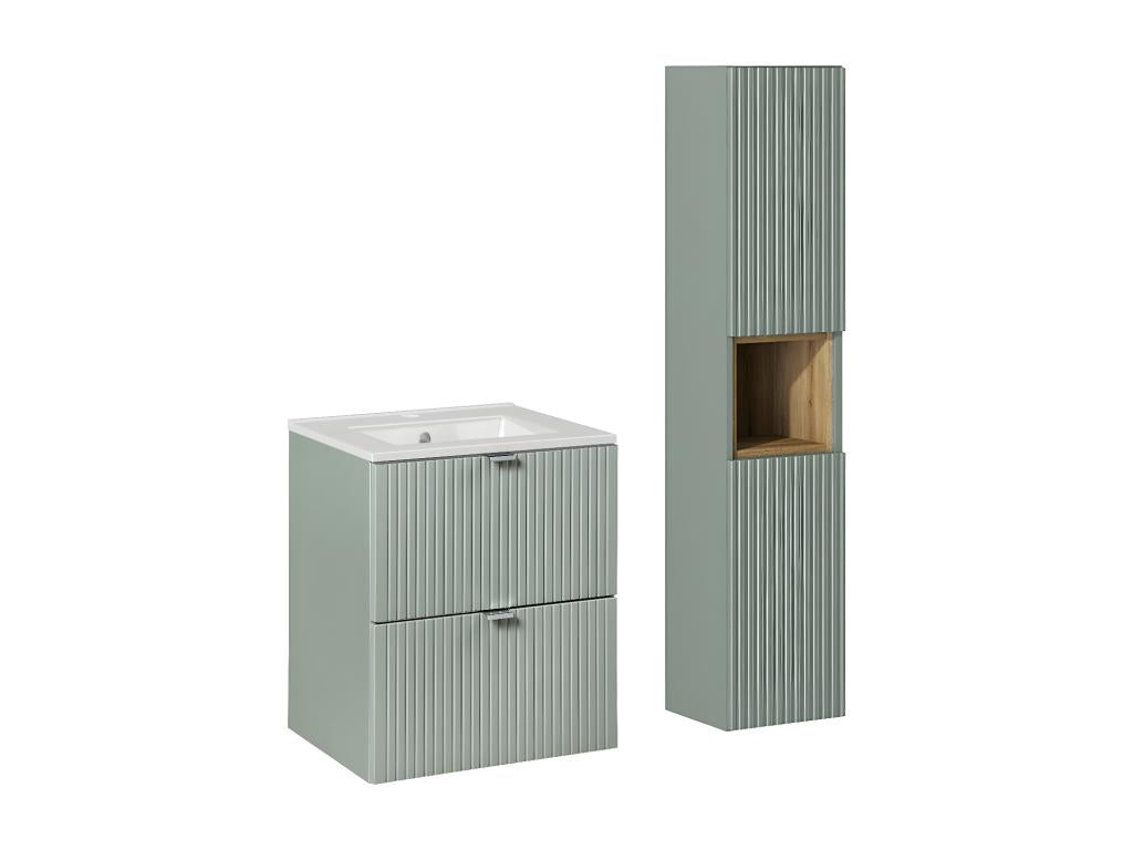Luxameub Green and Wood LZVN19012 Single Vanity Unit with Built-in Sink, 50cm, 2 Drawers and Tall Cabinet